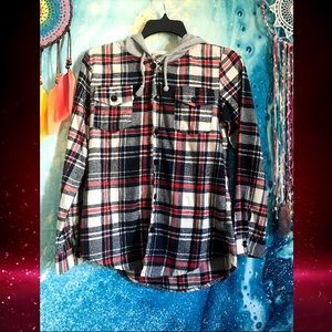 Plaid button up hooded flannel